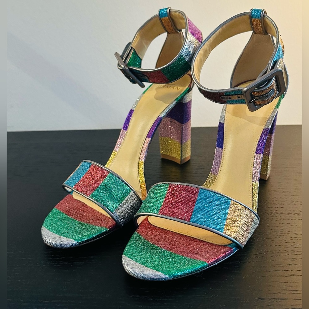 ALEXANDRE BIRMAN DELFINA FABRIC RAINBOW BLOCK HEEL SANDAL